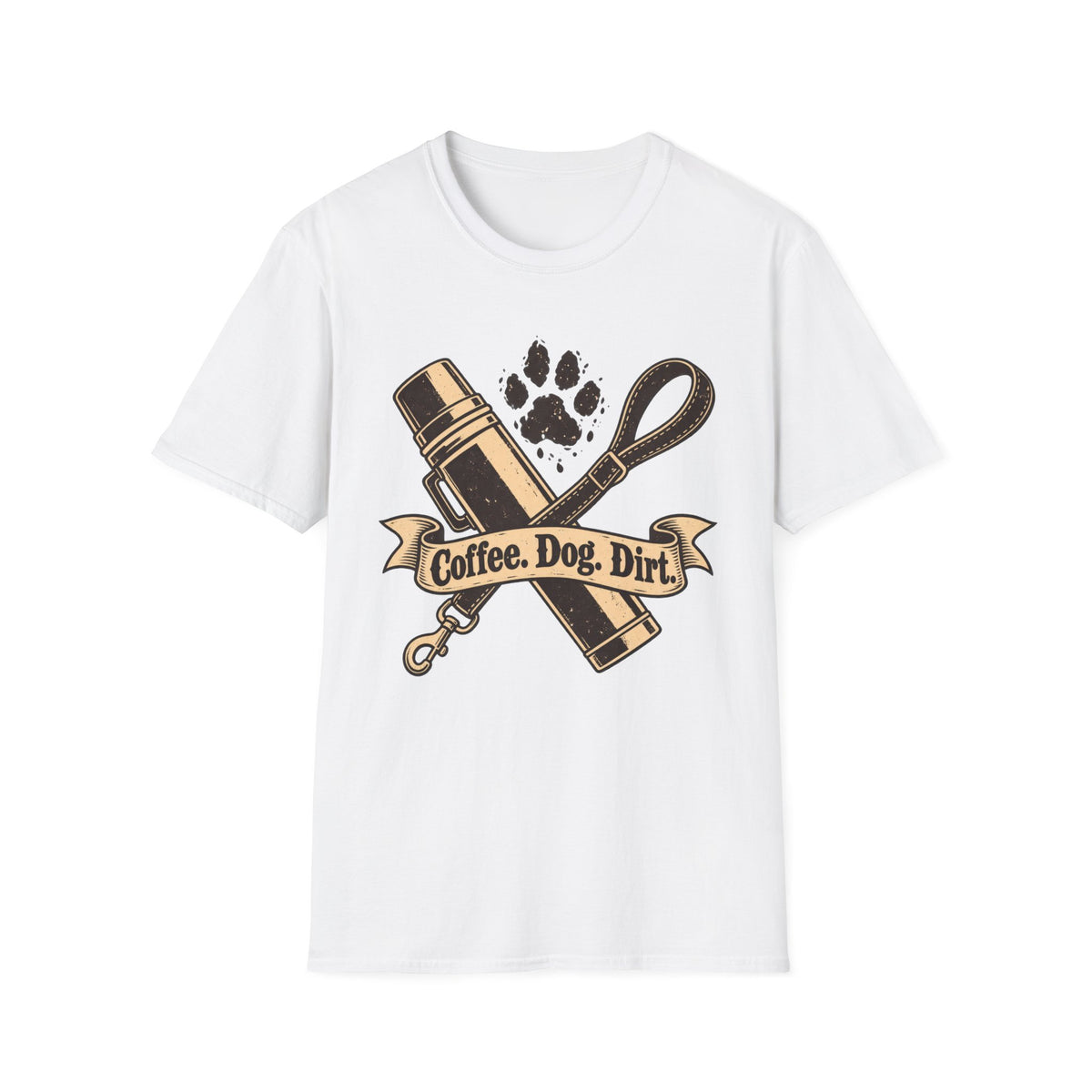 T-Shirt — "Coffee. Dog. Dirt." Graphic Tee
