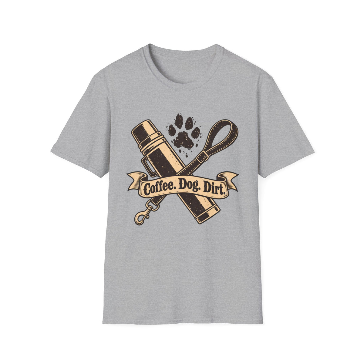 T-Shirt — "Coffee. Dog. Dirt." Graphic Tee